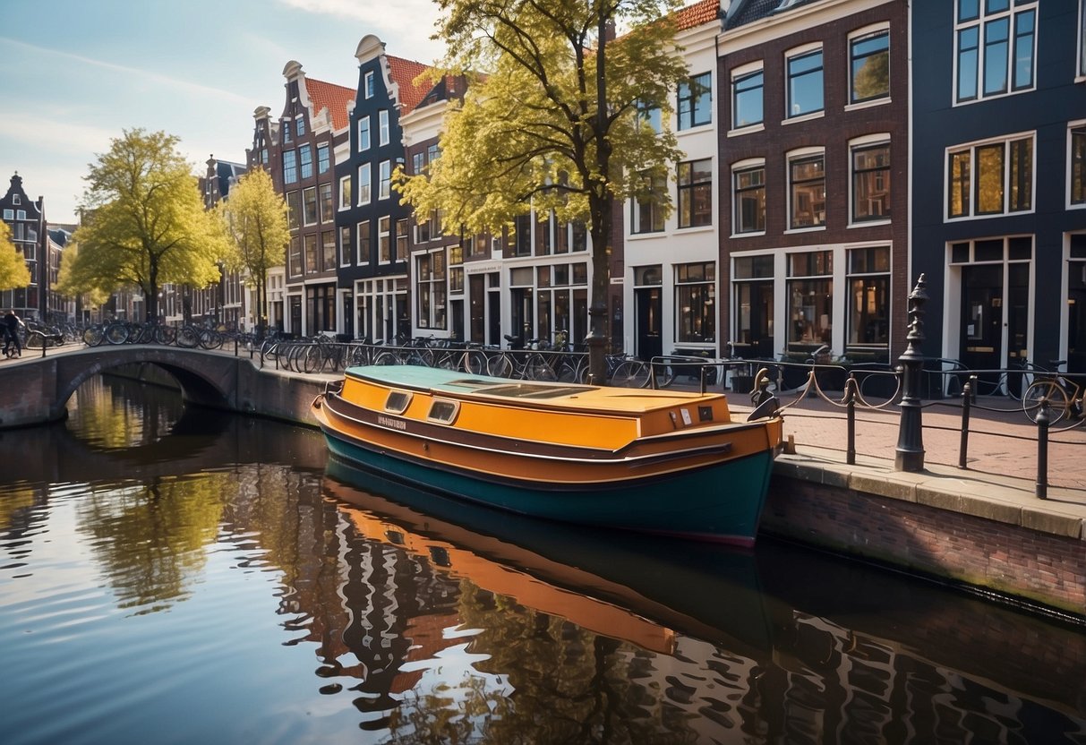 A boat travels through a serene canal lined with colorful buildings in Amsterdam, Netherlands. The water reflects the charming architecture, creating a picturesque scene for an illustrator to recreate