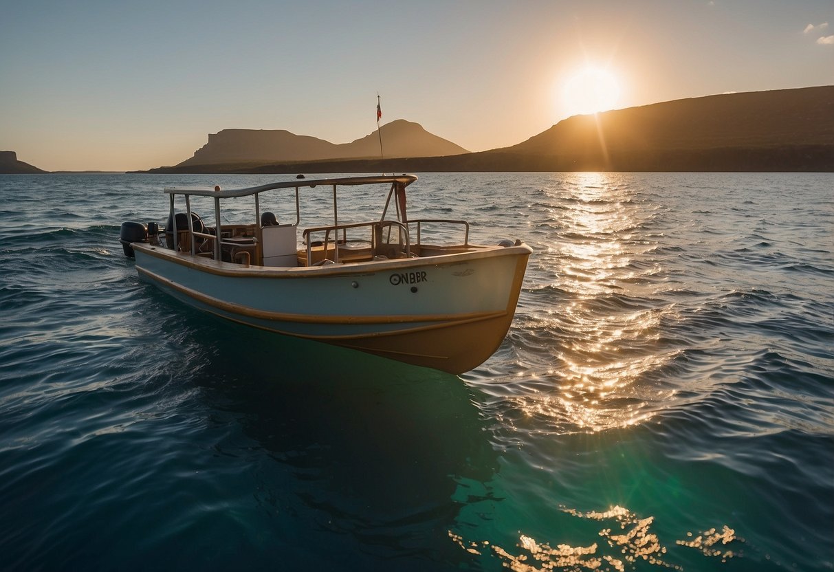 The boat cruises through the crystal-clear waters of the Galápagos Islands, passing by rugged volcanic landscapes and diverse wildlife. The sun sets behind the horizon, casting a warm glow over the serene seascape