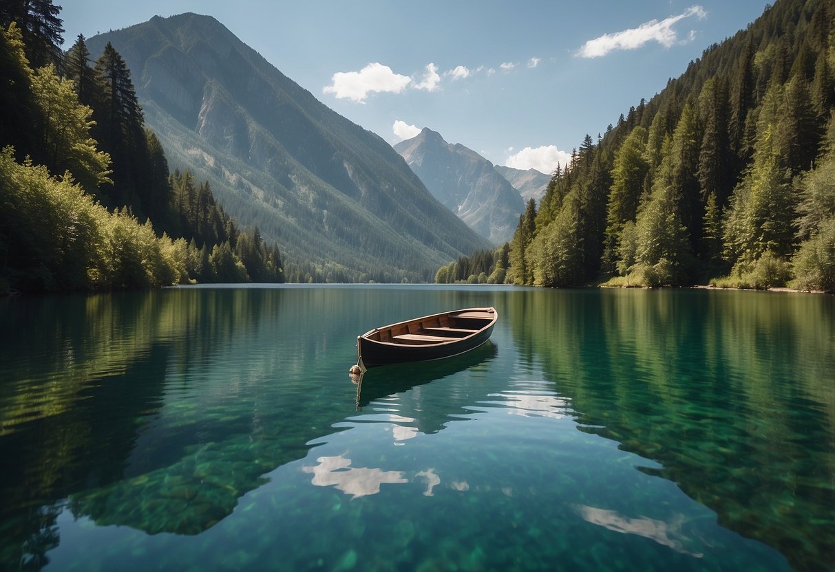 A serene lake surrounded by lush green mountains, with a small boat gliding through the calm waters. The clear blue sky reflects off the water, and the air is filled with the sounds of nature