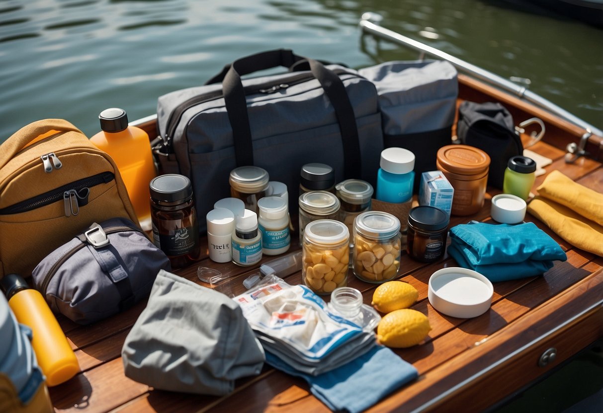 A boating trip packing scene with clothes, toiletries, snacks, and a first aid kit neatly organized in a waterproof bag. Maps, sunscreen, and sunglasses are laid out nearby