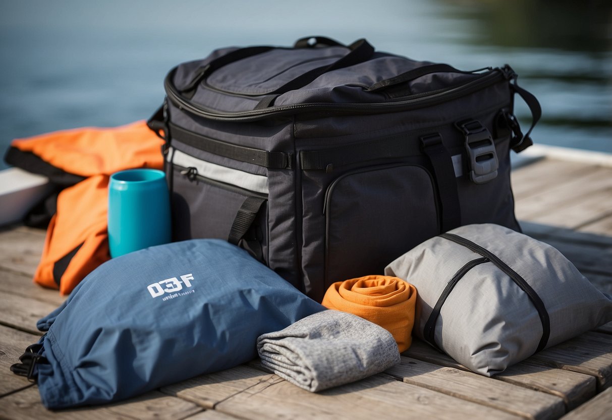 Compression bags filled with neatly folded clothes and gear, stacked in a compact and organized manner. A boat in the background suggests a boating trip