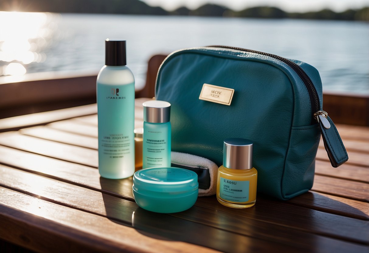 A compact toiletry bag open on a boat deck, with small bottles of shampoo, conditioner, and sunscreen neatly arranged. A towel and a pair of sunglasses are placed next to the bag