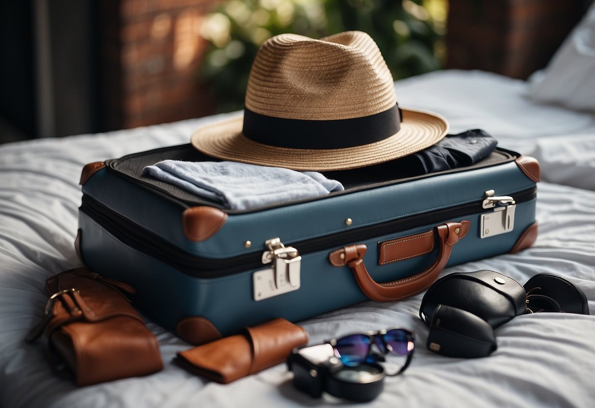 A suitcase open on a bed, filled with neatly folded UV protection clothing, a hat, and sunscreen. A checklist and map lay nearby