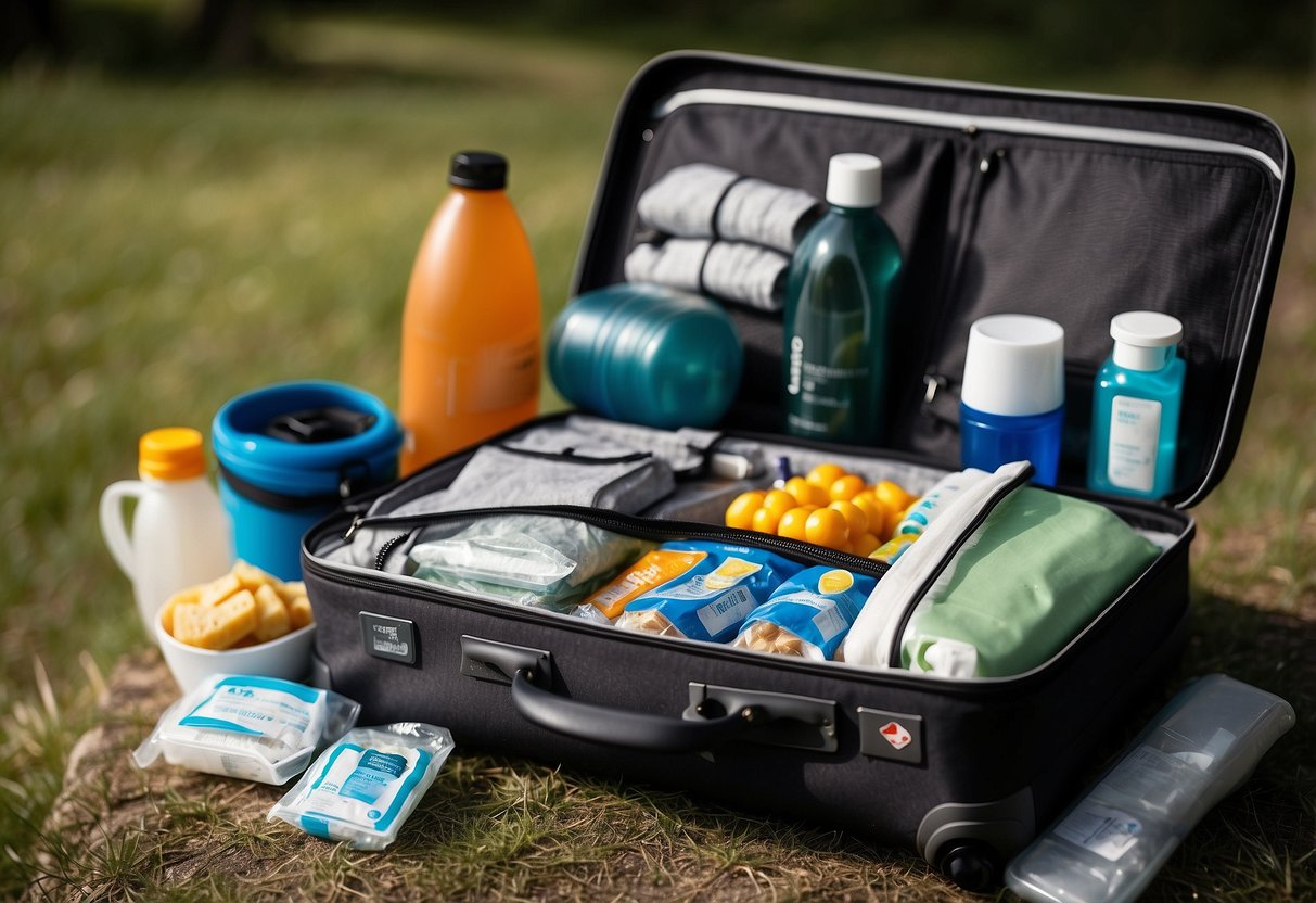 Items neatly arranged in a suitcase: clothes folded, toiletries in a clear bag, and a first aid kit. A cooler filled with snacks and drinks, fishing gear, and a waterproof bag for electronics