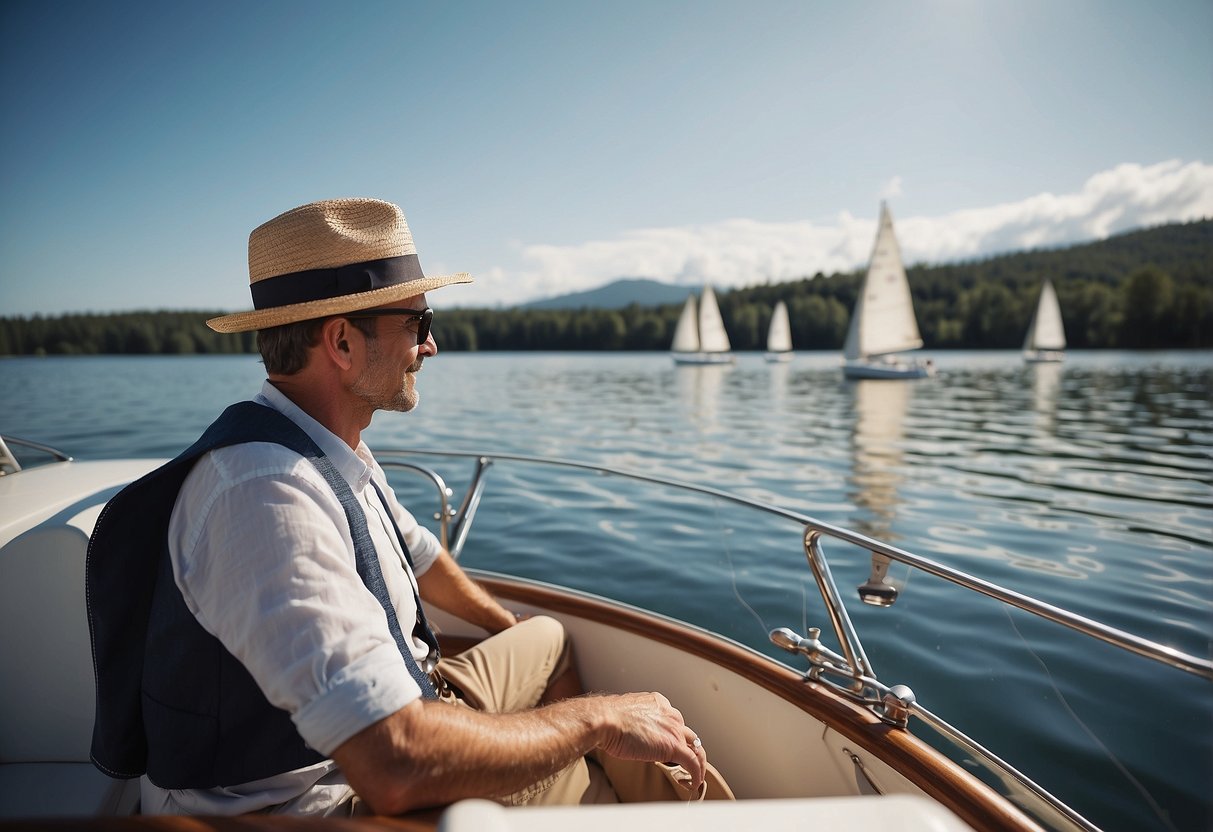 A sunny day on a calm lake, with a sailboat gliding across the water. The boater is wearing lightweight, breathable clothing, a hat, and sunglasses