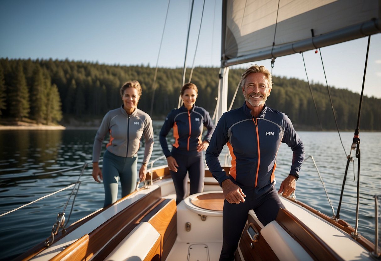 A sailboat glides across calm waters, its crew wearing Helly Hansen Long Sleeve Sun Shirts. The lightweight, protective apparel allows for comfortable and safe boating under the bright sun