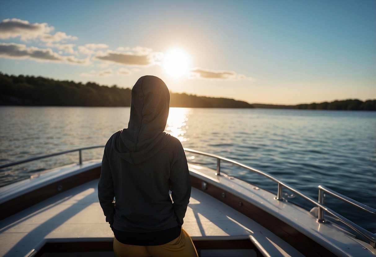 A figure stands on a boat deck, wearing the NRS H2Core Silkweight Hoodie. The sun shines down, reflecting off the water, as the figure prepares for a day of boating