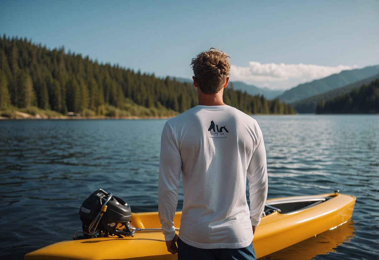 A bright, sunny day on a calm lake. A sleek boat glides across the water, its occupants wearing HUK ICON X Long Sleeve Shirts. The shirts are lightweight and comfortable, perfect for a day of boating