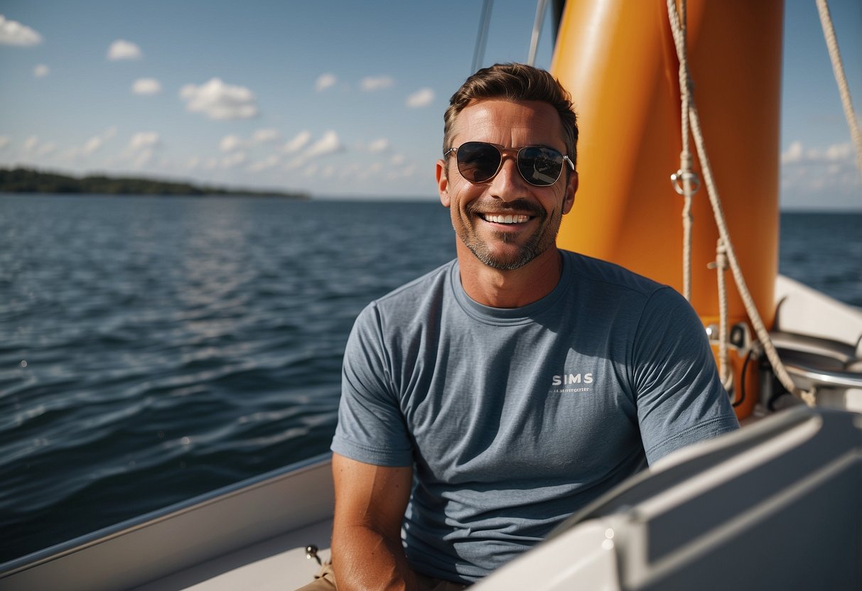 A sunny day on a boat, with the Simms SolarFlex Crewneck being worn by a person. The lightweight fabric and crewneck design provide comfort and protection from the sun