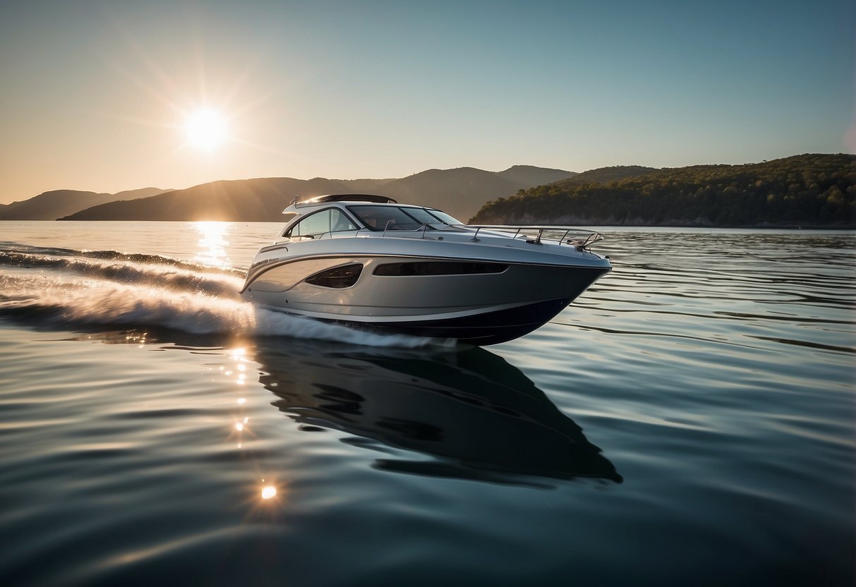 A sleek, modern boat glides across calm waters. The sun glistens off the lightweight, breathable boating apparel worn by the crew