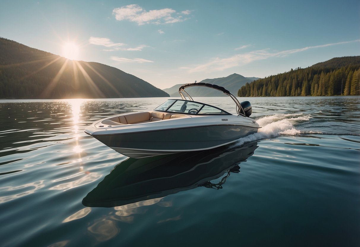 A sunny day on a calm lake, with a sleek boat gliding across the water. The boating apparel is lightweight and stylish, featuring breathable fabrics and functional design