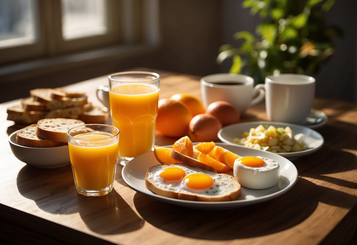 A table set with a variety of breakfast foods, including oatmeal, yogurt, fruit, eggs, and toast. A cup of coffee and a glass of orange juice sit nearby. Sunlight streams through a window, casting a warm glow over the scene