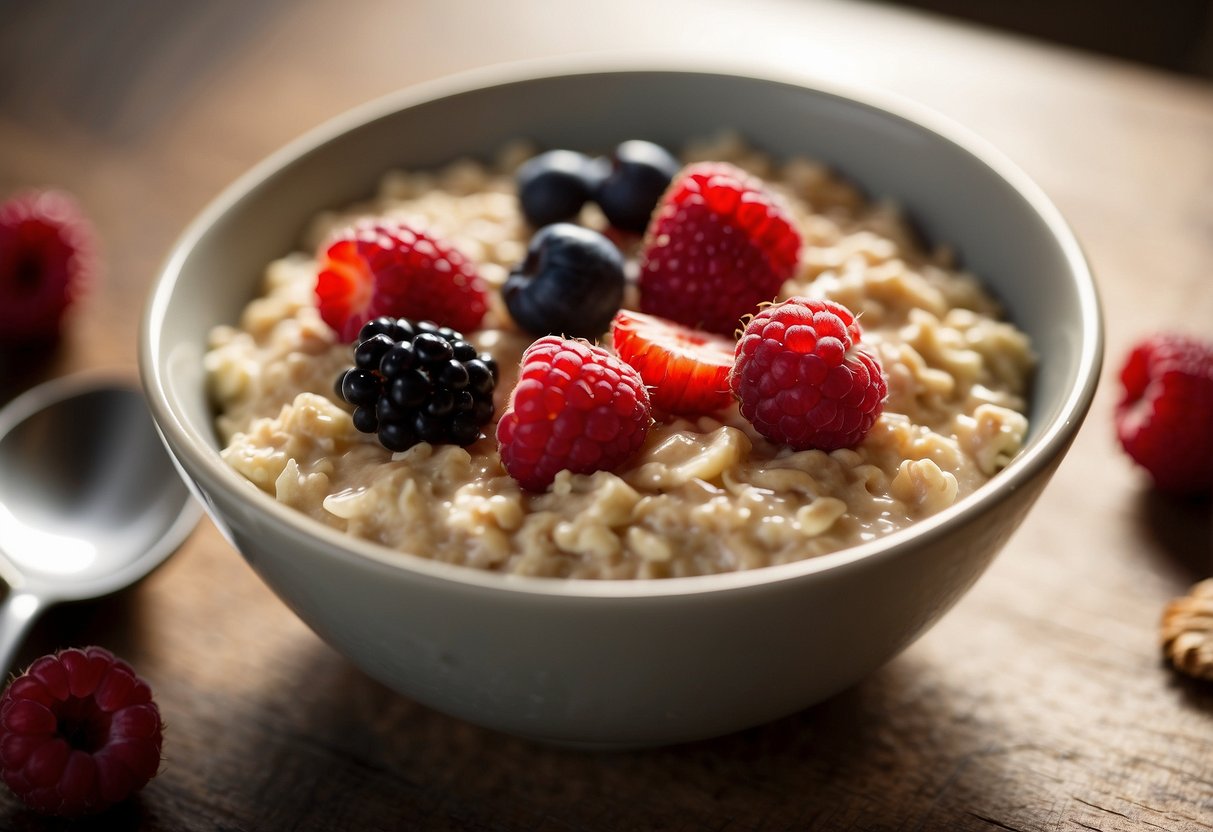 A bowl of oatmeal topped with fresh berries sits on a wooden table, with a spoon beside it. The morning light streams in through a nearby window, casting a warm glow on the breakfast scene