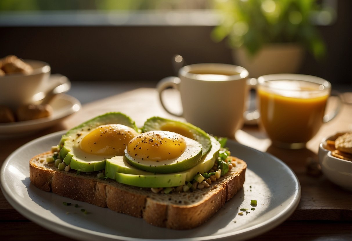 A plate with avocado toast on whole grain bread, surrounded by fresh ingredients. A cup of coffee sits next to it. Sunrise streams through the window, casting a warm glow over the scene