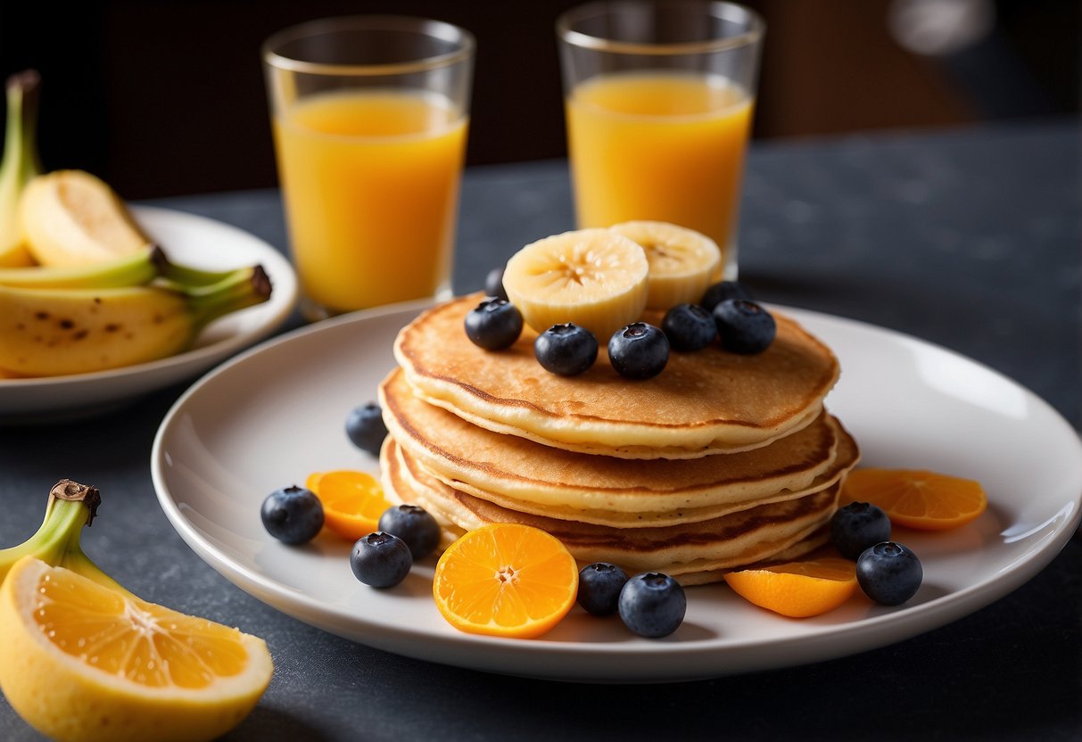 A plate of whole grain pancakes topped with banana slices, accompanied by a glass of orange juice and a small bowl of mixed berries