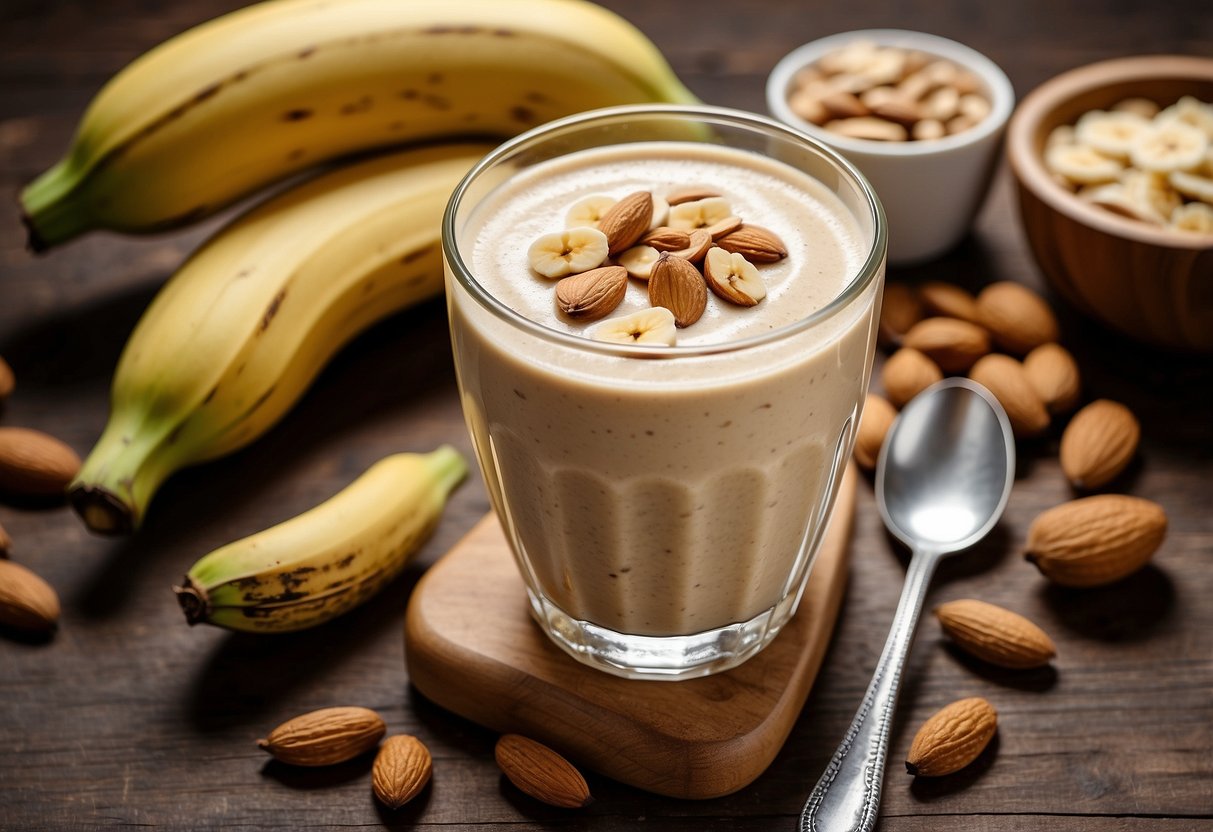 A glass filled with a creamy almond butter and banana smoothie sits on a wooden table, surrounded by fresh ingredients like bananas and almonds. A spoon rests on the side of the glass