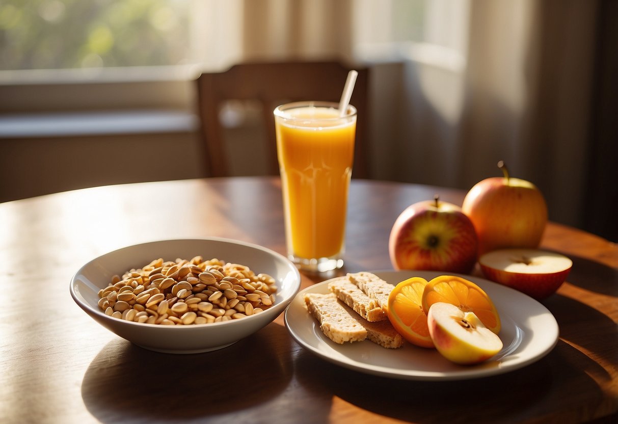 A plate holds peanut butter and apple slices, surrounded by a granola bar, yogurt, and a cup of orange juice. The morning sun streams through a window, casting a warm glow over the breakfast spread