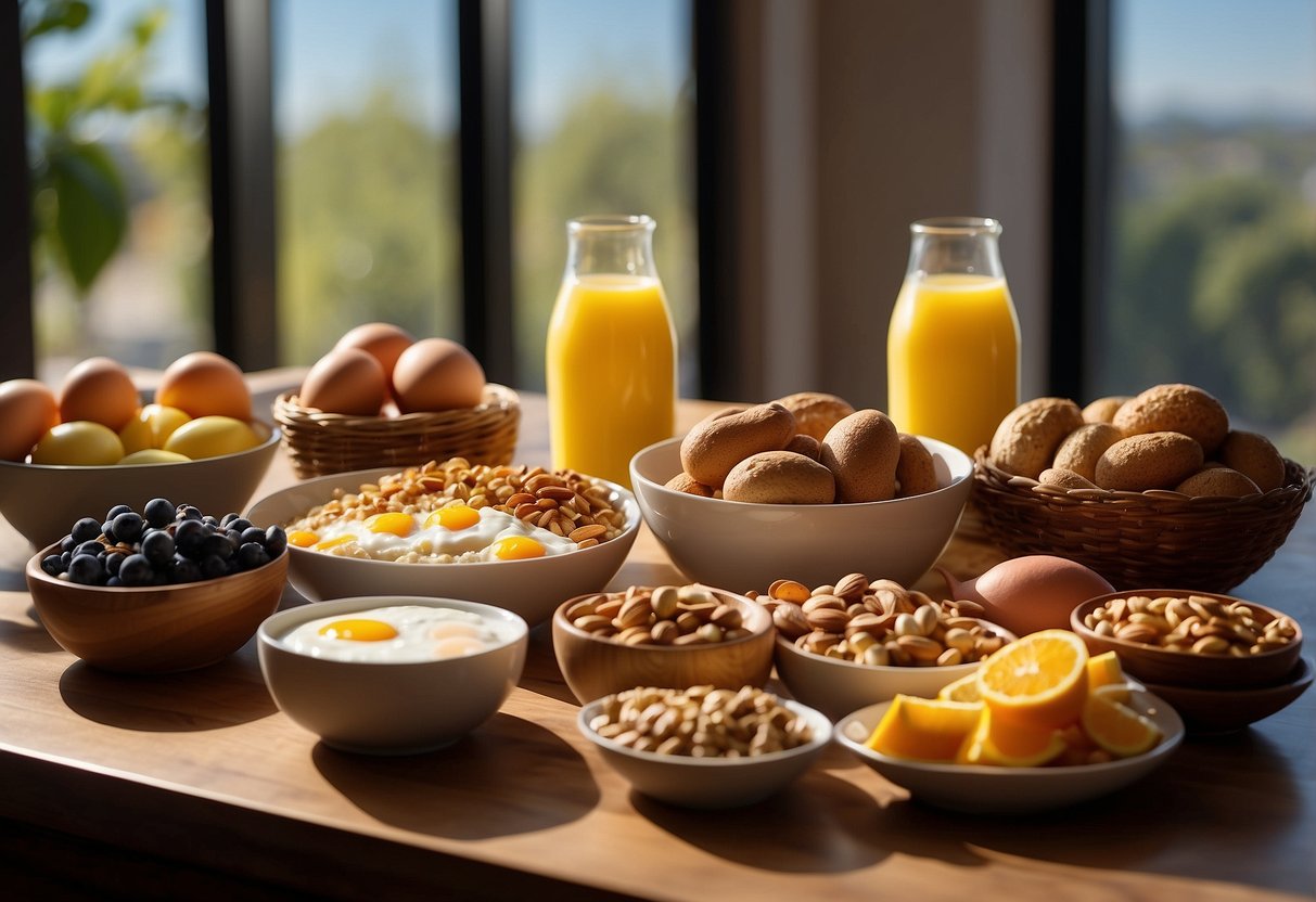 A table set with a variety of breakfast foods: fruits, whole grains, eggs, yogurt, and nuts. Sunlight streams in through a window, highlighting the vibrant colors and textures of the nutritious meal options