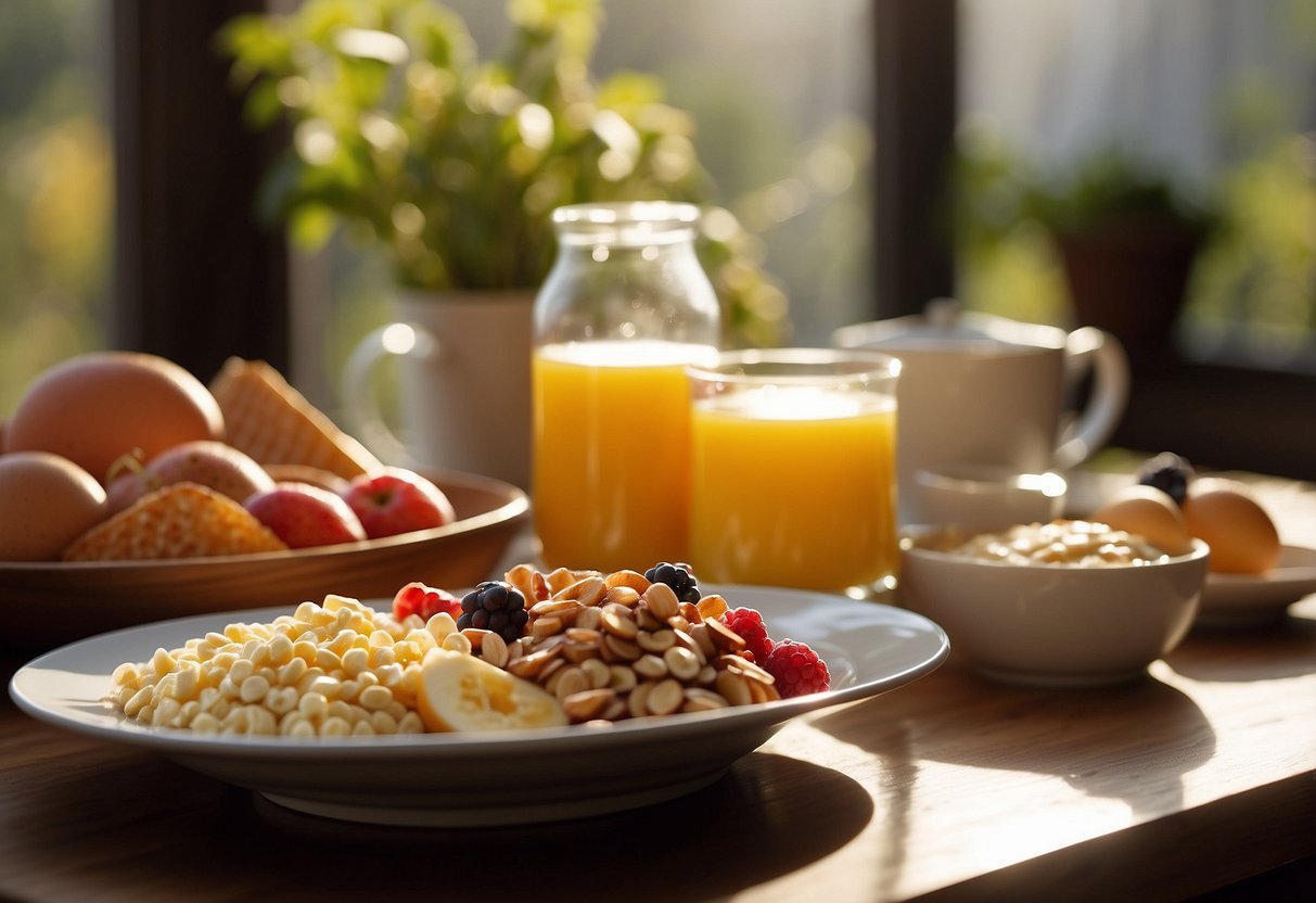 A table set with a variety of breakfast foods, such as oatmeal, yogurt, fruit, and eggs. Sunlight streams in through a window, casting a warm glow over the scene