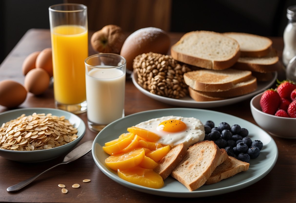 A table set with a variety of breakfast foods: oatmeal, fruit, yogurt, eggs, and toast. A glass of water and a bottle of sports drink sit nearby
