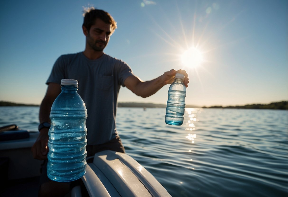 A boat on calm waters, with a cooler full of water bottles. Sun shining, clear skies. A person reaching for a water bottle