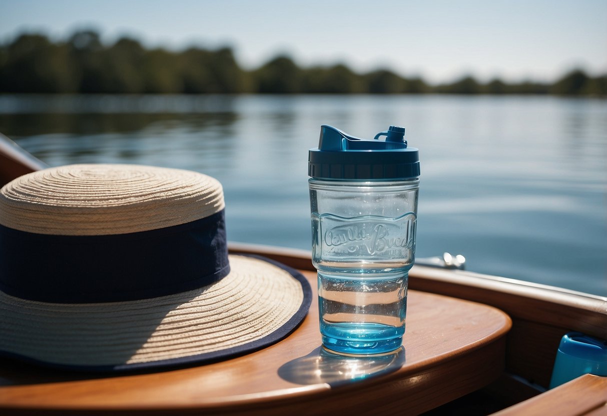 A boat on calm waters, with a cooler filled with water bottles. Sunscreen and a wide-brimmed hat are nearby. Blue skies and a gentle breeze complete the scene