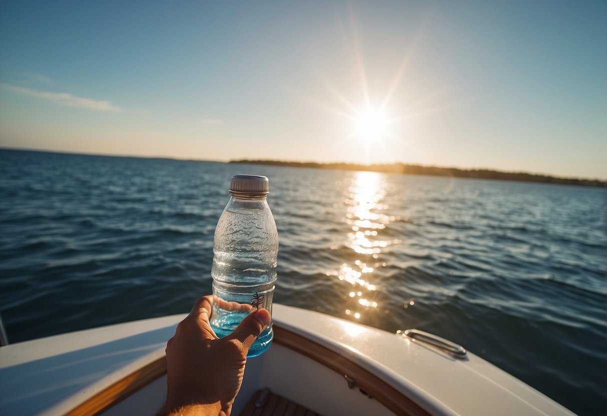 A person on a boat with a water bottle, surrounded by the ocean, a clear blue sky, and a bright sun