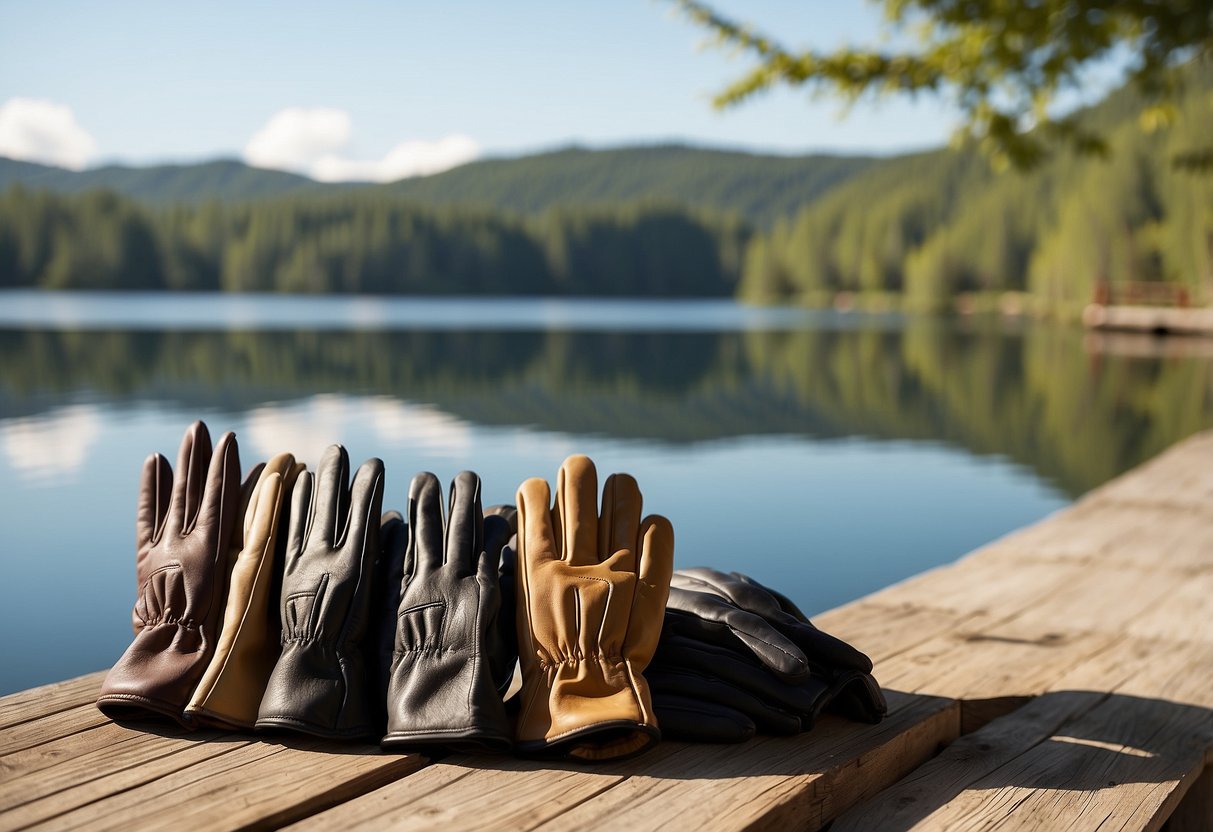 Five pairs of boating gloves arranged on a wooden dock with a backdrop of a calm, sunlit lake and a boat in the distance