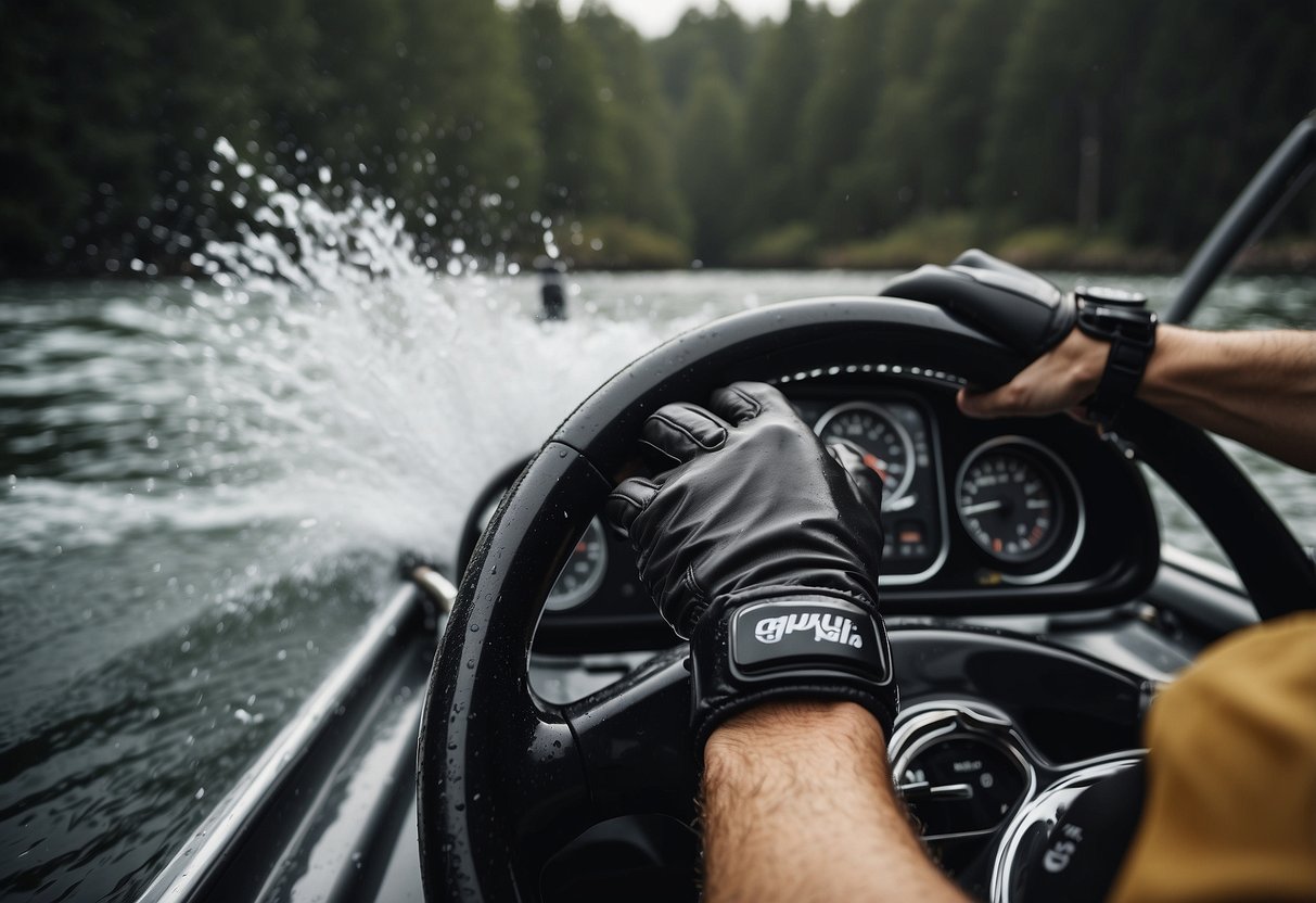 Two hands wearing Gill Championship Gloves gripping a boat's steering wheel, with water splashing in the background