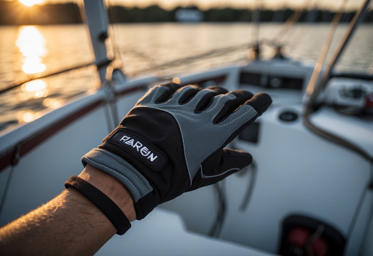 The scene features a pair of Harken Sport reflective fingerless sailing gloves, designed for protection during boating activities. The gloves are depicted in a realistic setting, showing their durability and functionality