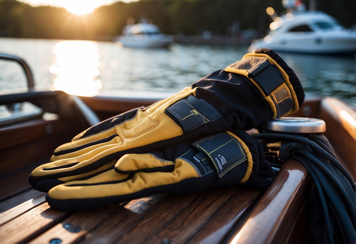 A pair of NRS Cove Palm Gloves lying on a boat deck, surrounded by water and boating equipment