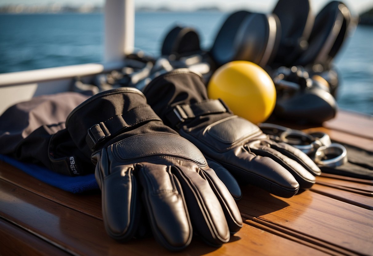 A pair of Atlas Fit 370 Showa gloves are laid out on a boat deck, surrounded by other boating gear. The gloves are shown in a protective and durable manner