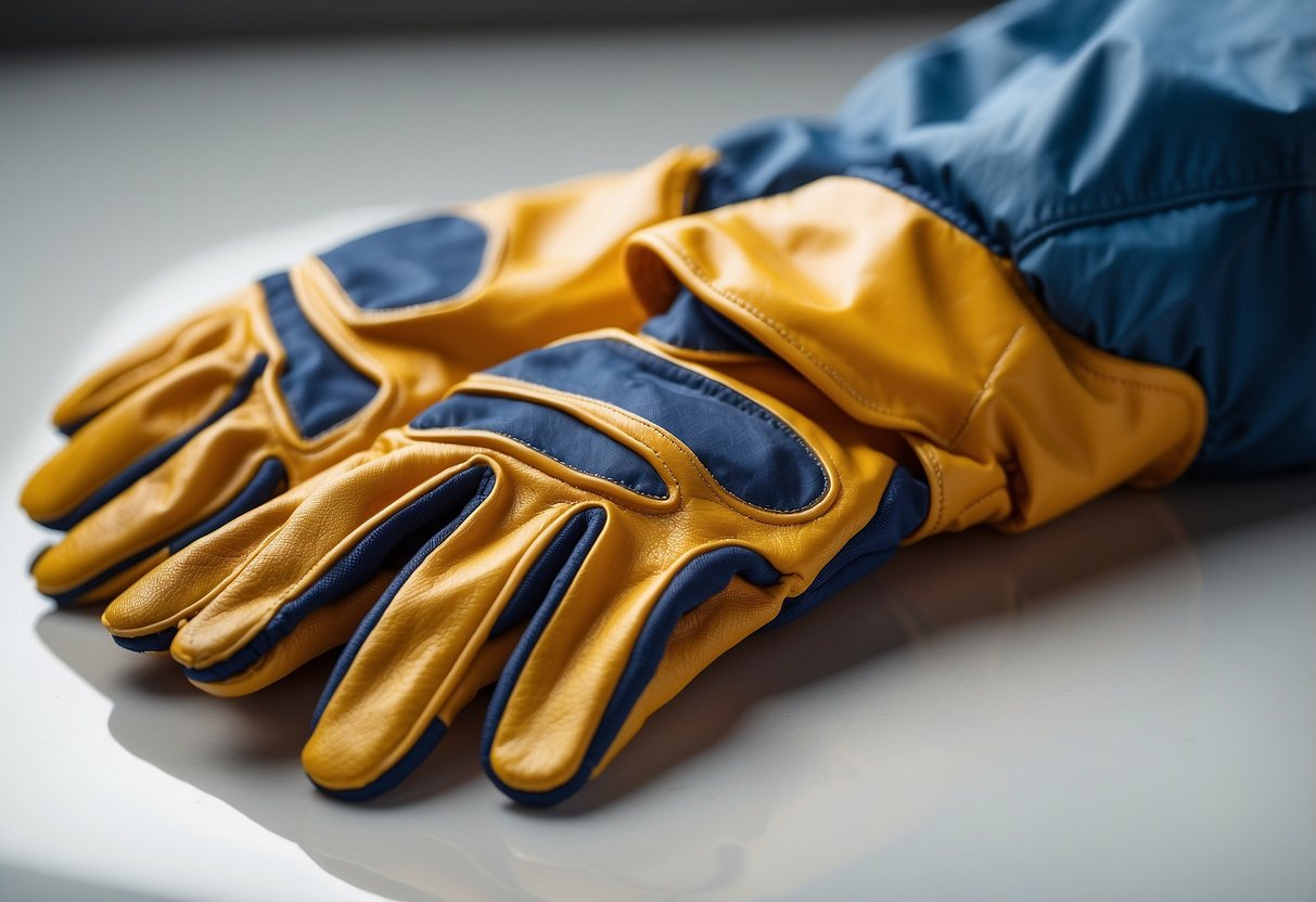 A pair of boating gloves laid out on a clean, white surface. The gloves are made of durable, waterproof material and feature reinforced palms for added protection