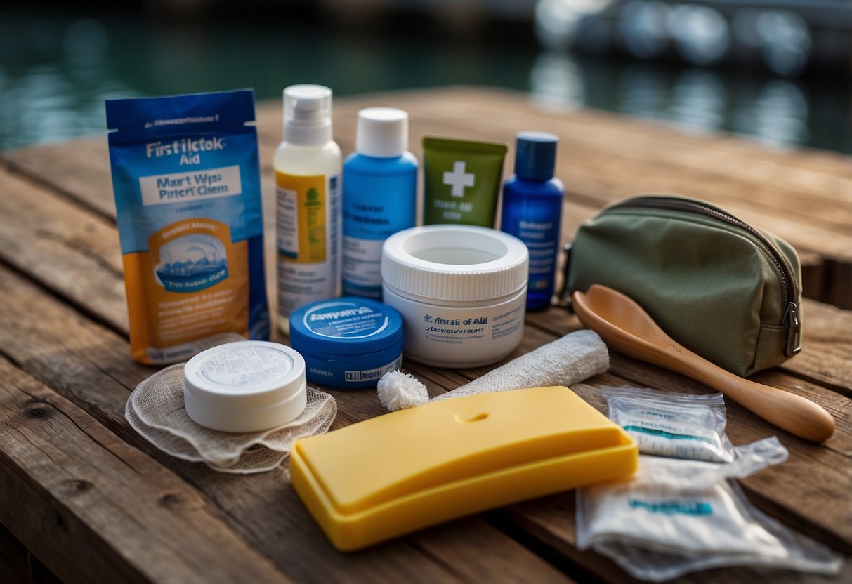 A boat deck with 10 essential first aid items: bandages, antiseptic wipes, adhesive tape, scissors, tweezers, gloves, pain relievers, sunscreen, insect repellent, and a first aid manual