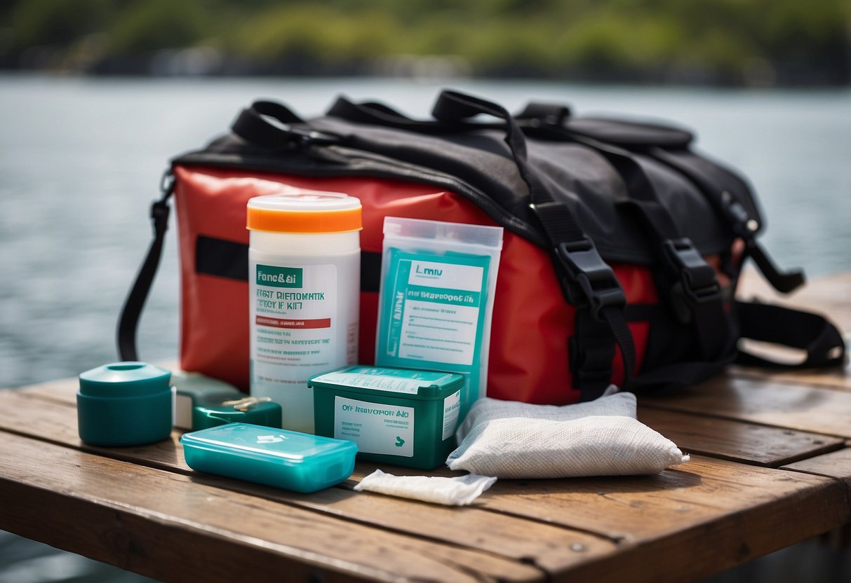 A waterproof first aid kit sits on a boat deck, containing essential items like bandages, antiseptic wipes, and scissors