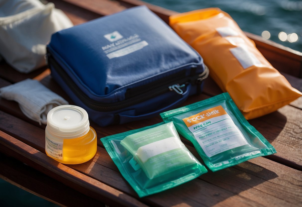 A CPR face shield lying on a boat's first aid kit, surrounded by other essential items like bandages and antiseptic wipes