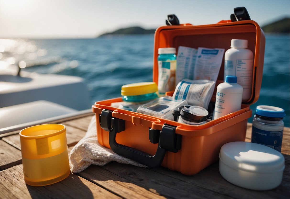 A boat deck with a first aid kit open, showing anti-seasickness bands among essential items. Ocean waves in the background