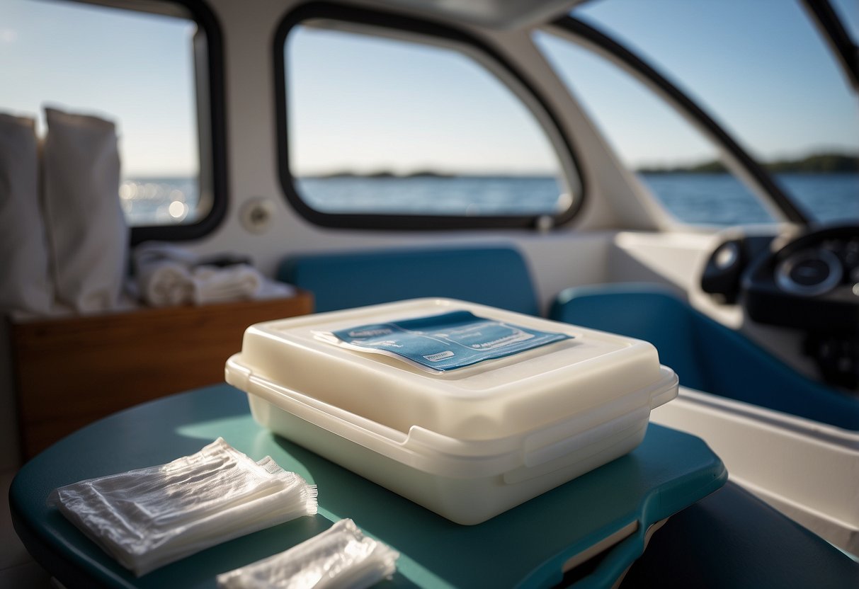 A box of sterile gauze pads sits next to a first aid kit on a boat. Other essential items like bandages and antiseptic are also visible