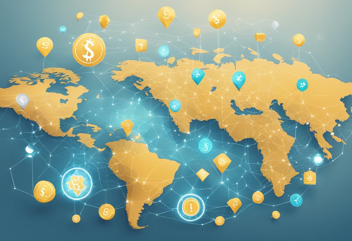 A group of interconnected Nordic countries with blockchain technology symbols and digital currency icons floating above them