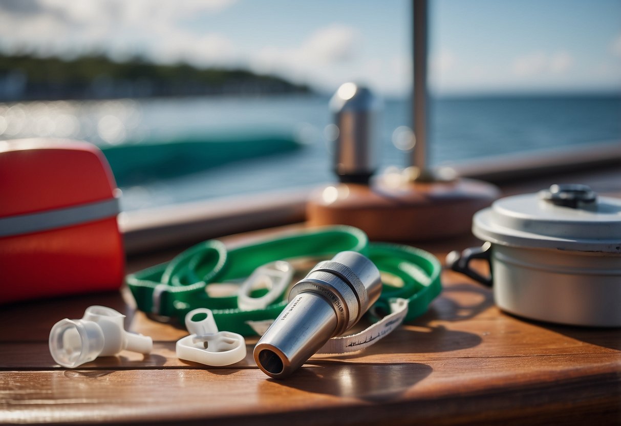 A marine signal whistle lies next to 10 first aid items on a boat deck