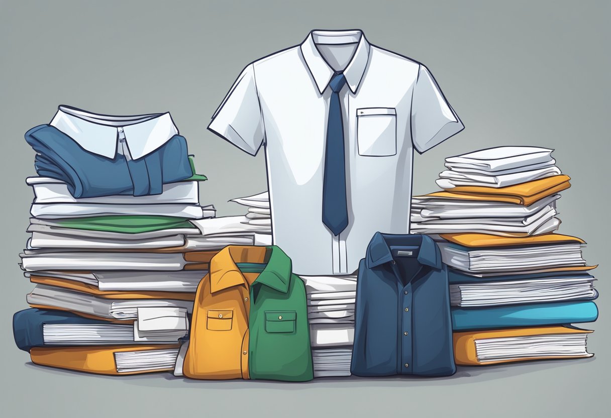 A stack of legal documents and regulations next to a pile of shirts, representing the compliance and standards for clothing production