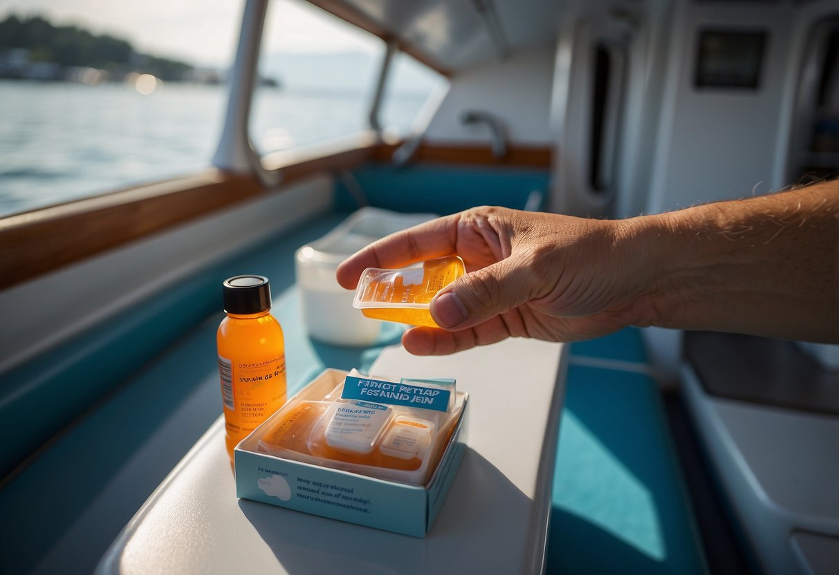 A hand reaches for a tube of burn relief gel among 10 essential first aid items on a boat