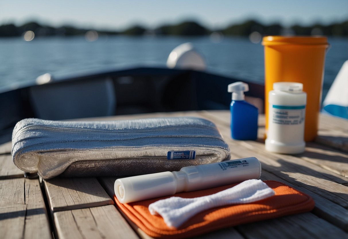 An aluminum splint lies next to a first aid kit on a boat deck, surrounded by other essential medical items