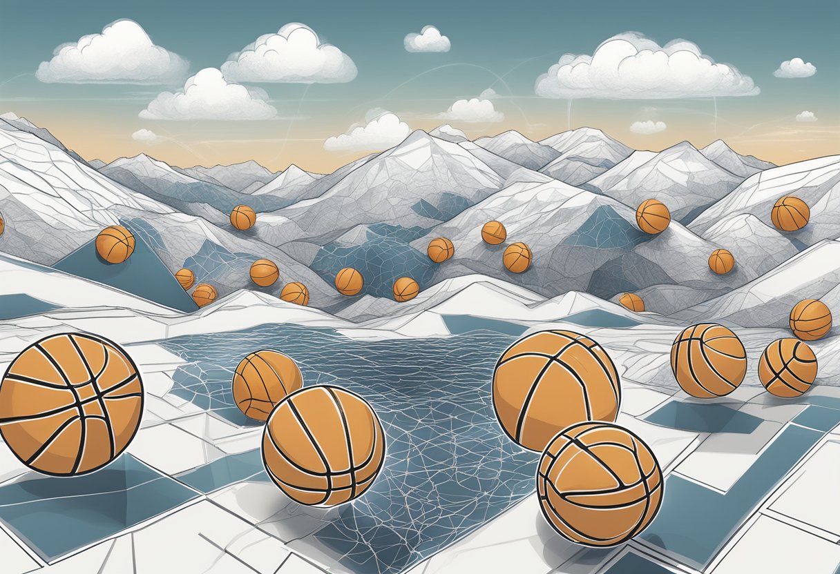 A group of basketballs morphing into blockchain symbols, surrounded by Nordic landscape and technology elements