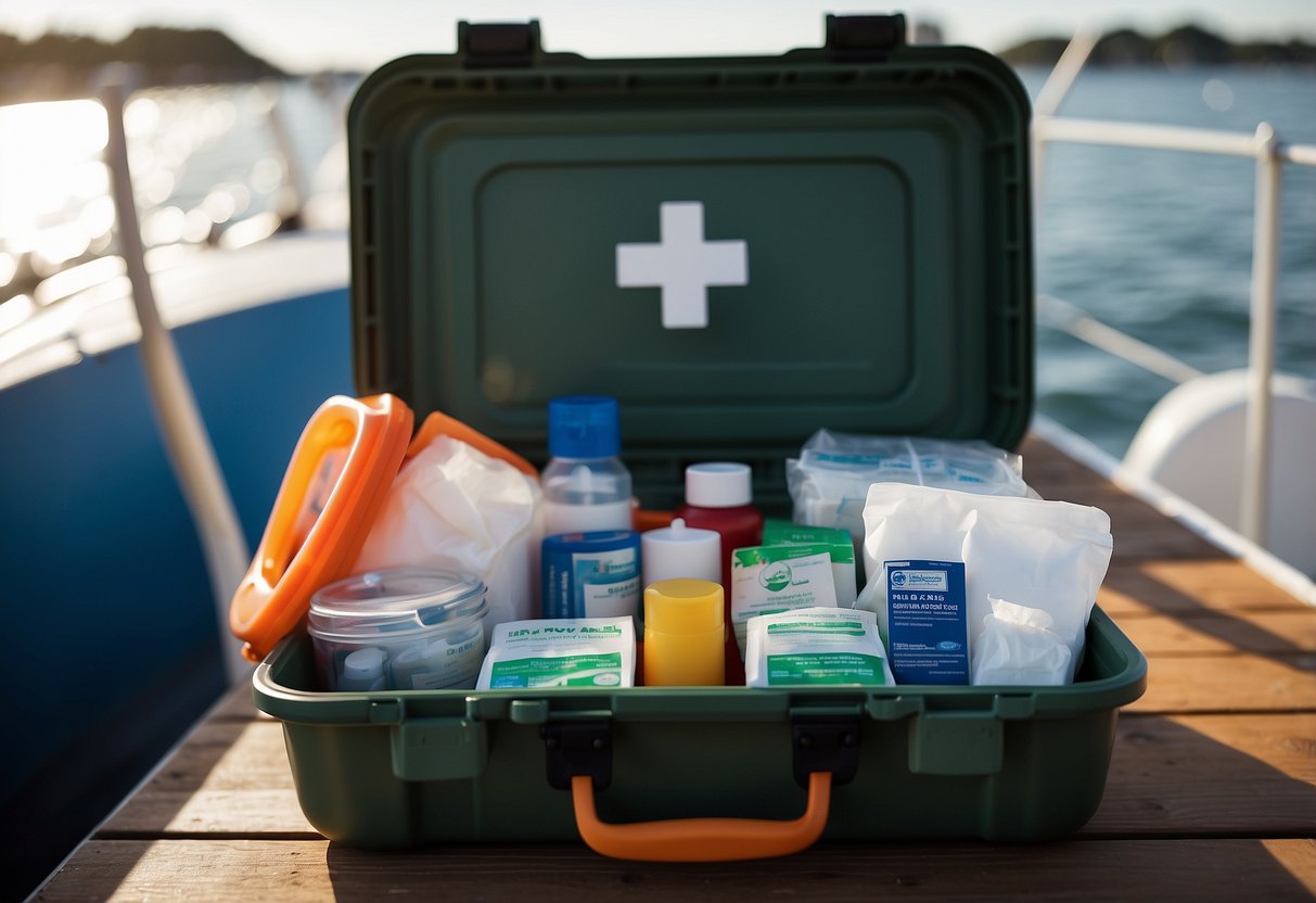 A sturdy waterproof container on a boat deck holds a first aid kit with essential items like bandages, antiseptic wipes, scissors, and a CPR mask