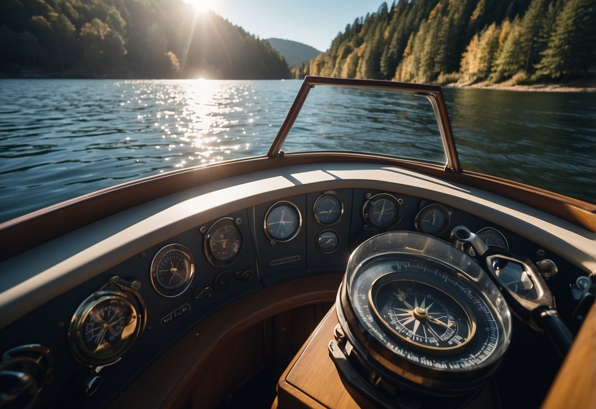 A boat glides through calm waters, following a winding river. A compass and map sit on the dashboard, guiding the way. Birds fly overhead, and the sun shines brightly in the clear blue sky