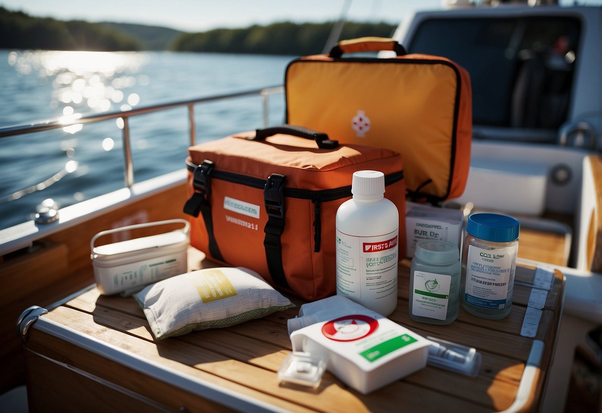 A well-stocked first aid kit sits on a boat deck, surrounded by navigational tools and safety equipment. The sun shines down on the water, creating a peaceful and serene atmosphere