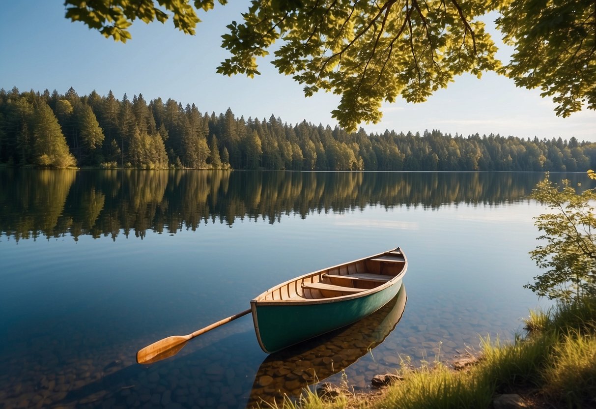 A calm lake with a rowboat, paddle, and a water bottle on a sunny day. Surrounding trees and clear blue skies