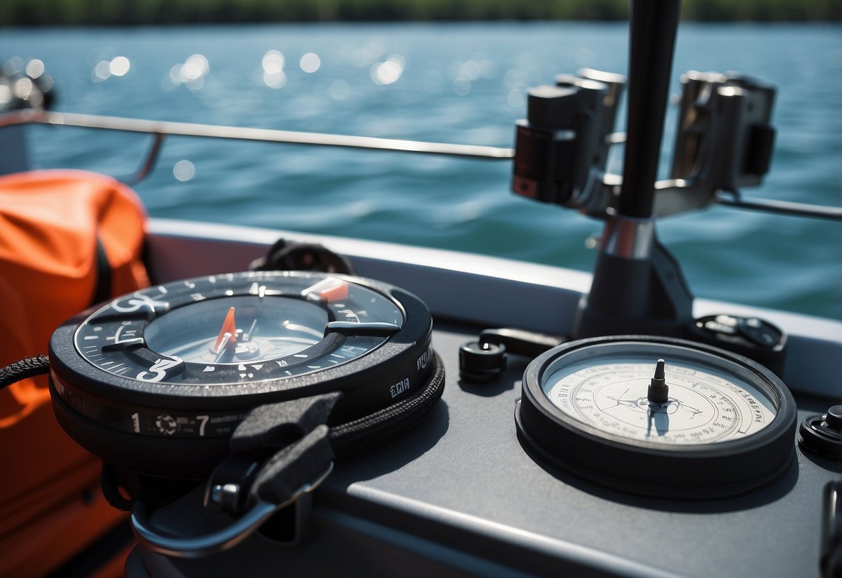 A boat on calm water, with life jackets and emergency supplies visible. A map and compass are on deck, and a radio is nearby. The sun is shining, and the sky is clear