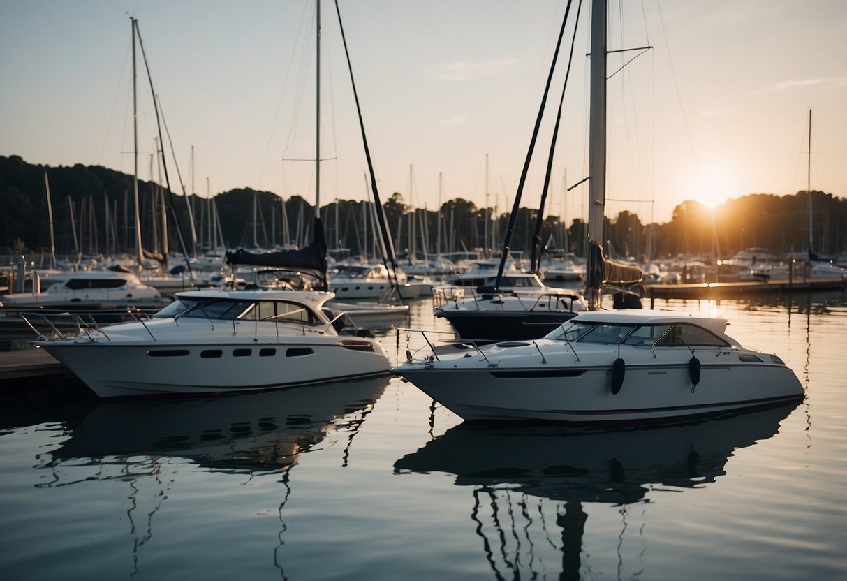 A sailboat, a fishing boat, a yacht, a pontoon, and a speedboat each anchored securely in calm waters